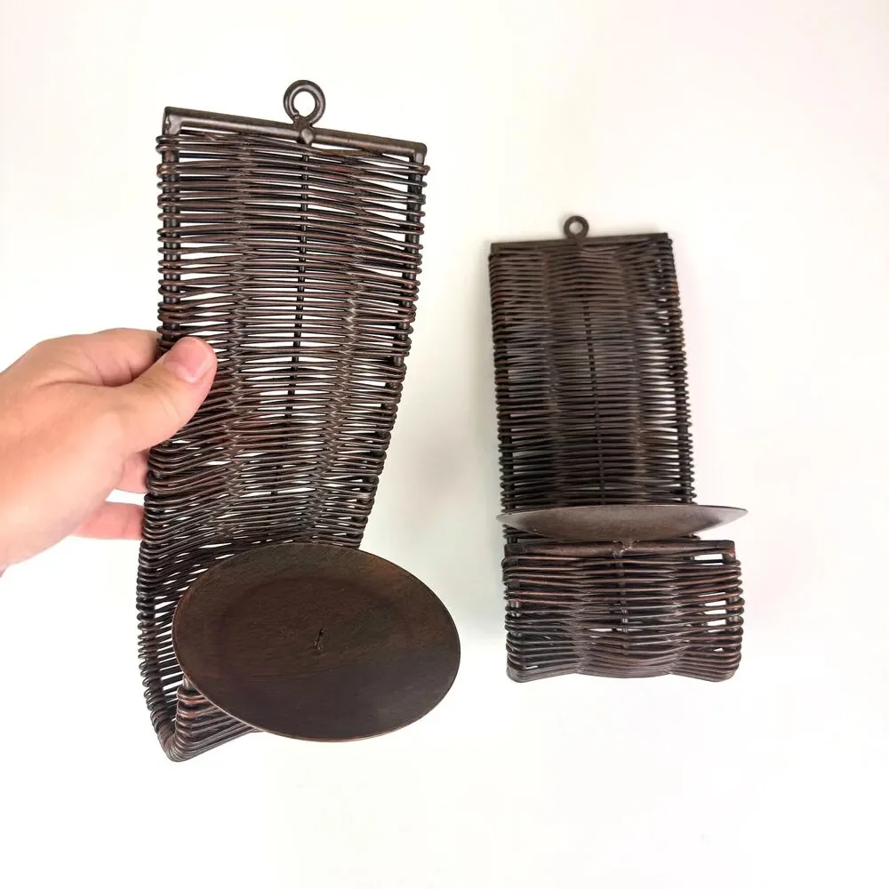 Vintage Pair of Woven Metal Candle Holder Wall Sconces / Rustic Brutalist Decor